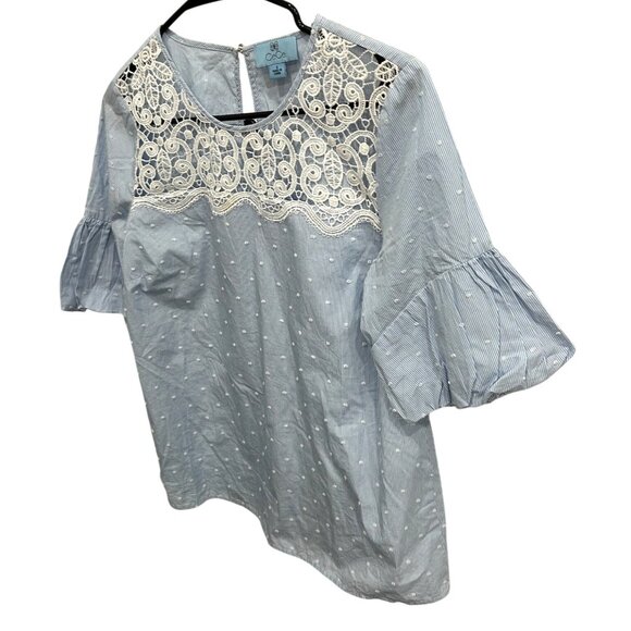 CeCe Blue Swiss Dot Blouse Lace Yoke Puff Sleeves Sz S Coastal Cowgirl Feminine - Picture 3 of 11